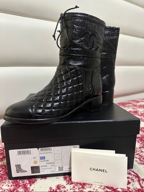 CHANEL Shoes - CHANEL Black Quilted Crumpled Calfskin Leather Short Boots with CC Logo